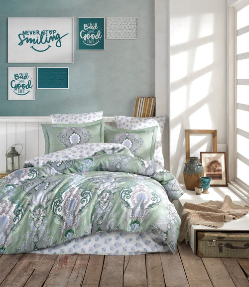 Lenjerie de pat din bumbac Satinat Mavarova Verde Mint / Alb, 160 x 220 cm