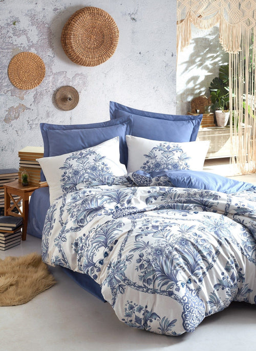 Lenjerie de pat din bumbac Ranforce, Egina Albastru / Alb, 200 x 220 cm