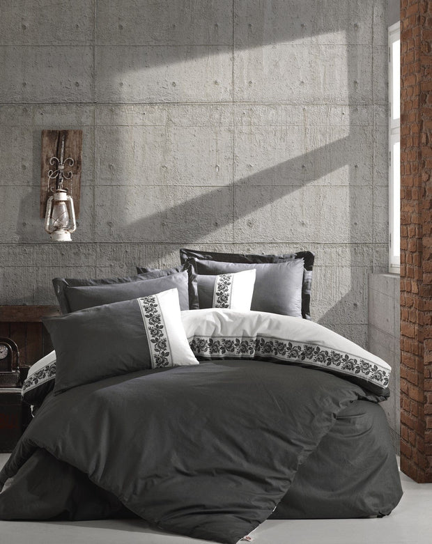 Lenjerie de pat din bumbac Ranforce, Rosinda Gri Inchis / Crem, 200 x 220 cm