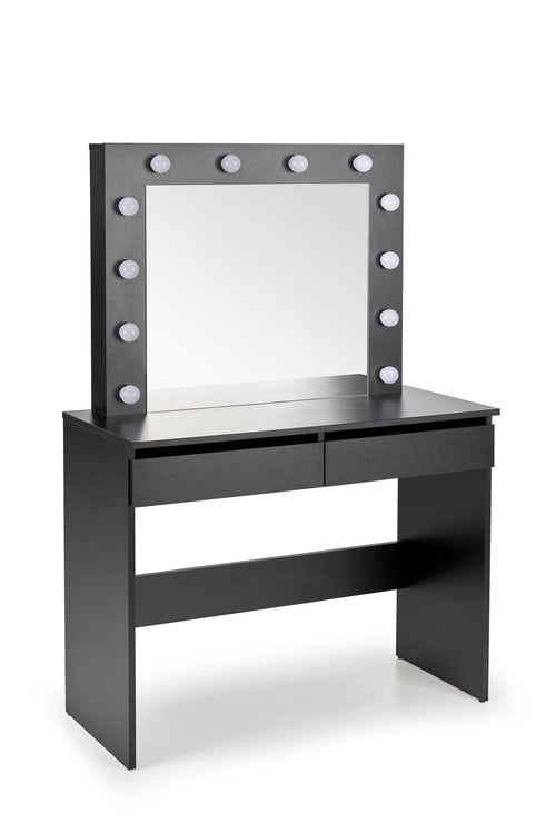 Masa de machiaj din pal cu oglinda, 2 sertare si LED inclus, Hollywood Negru, L94xl43xH140 cm