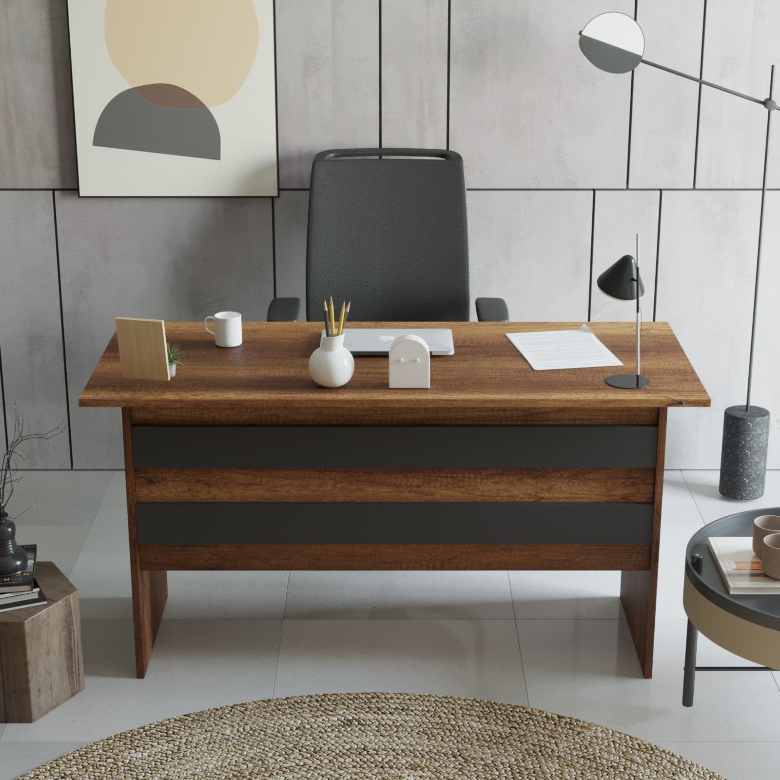 Masa de birou din pal Vario Stejar Baroc / Antracit, L140xl60xH73,8 cm (1)