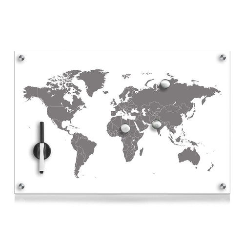 Memo Board din sticla cu 4 accesorii, Worldmap Alb, L60xl40 cm