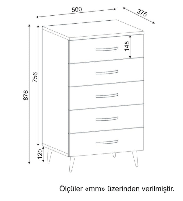 Noptiera din pal si plastic, cu 5 sertare, Cemre 5C Alb, l50xA37,5xH87,6 cm (4)