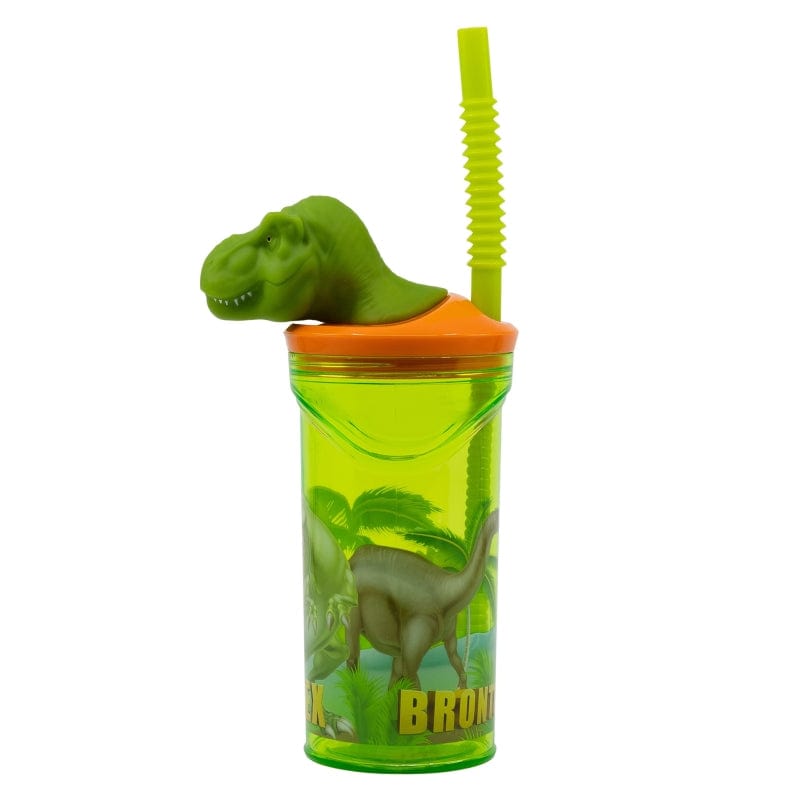 Pahar pentru copii, din plastic, cu pai si figurina, Dinosaur Multicolor, 360 ml (1)