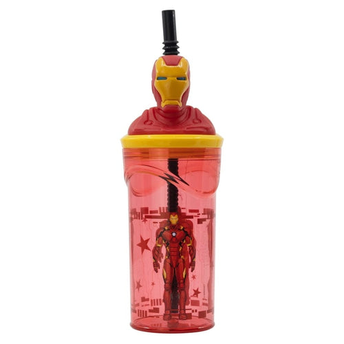 Pahar pentru copii, din plastic, cu pai si figurina, Iron Man Multicolor, 360 ml