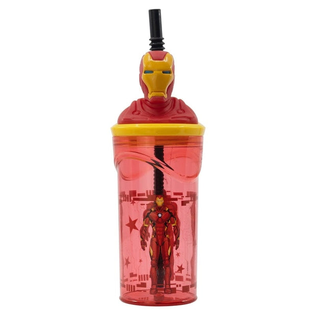 Pahar pentru copii, din plastic, cu pai si figurina, Iron Man Multicolor, 360 ml