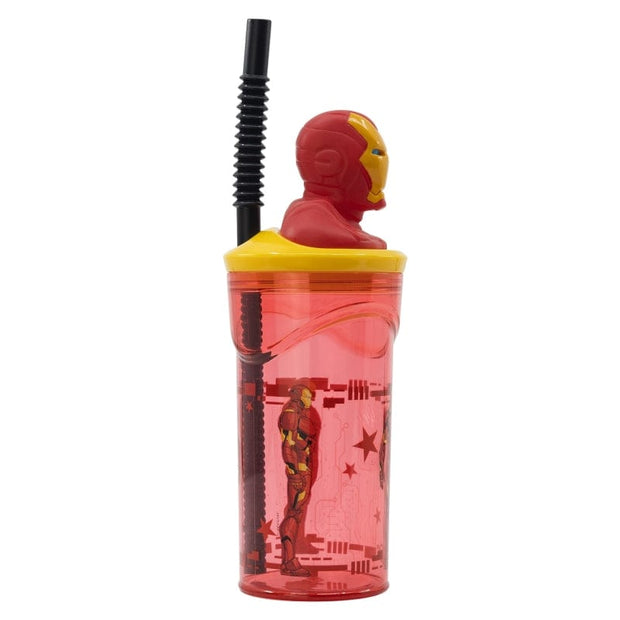 Pahar pentru copii, din plastic, cu pai si figurina, Iron Man Multicolor, 360 ml (1)