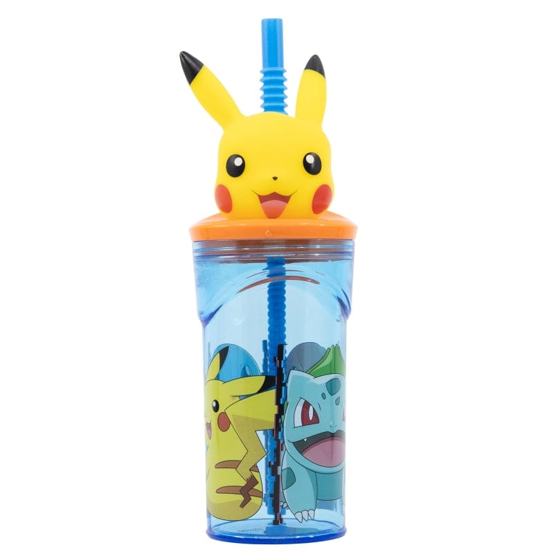 Pahar pentru copii, din plastic, cu pai si figurina, Pokemon Multicolor, 360 ml