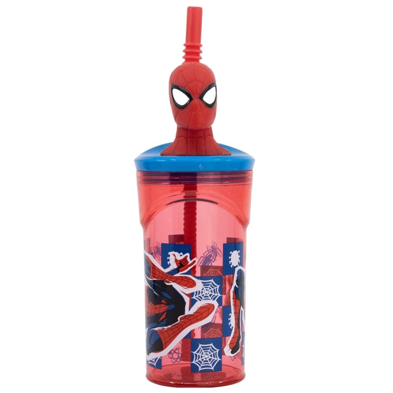 Pahar pentru copii, din plastic, cu pai si figurina, Spider-Man Multicolor, 360 ml