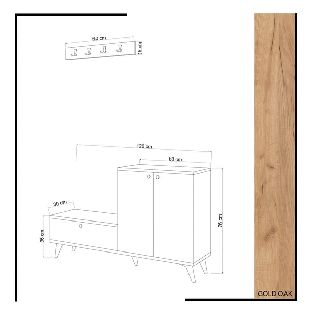 Pantofar din pal, cu 3 usi, Fi̇jel Stejar / Alb, l120xA30xH76 cm (3)