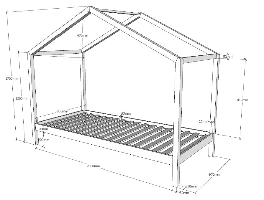 Pat din lemn de pin, tip casuta, pentru copii, Dallas Ii Alb, saltea inclusa, 200 x 90 cm (1)