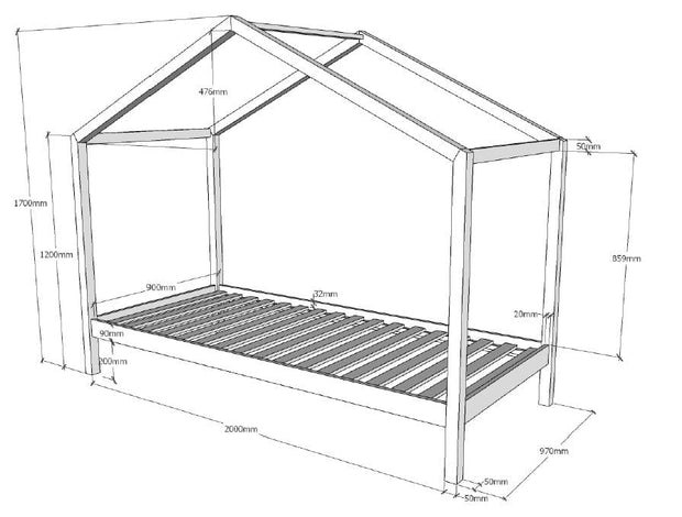 Pat din lemn de pin, tip casuta, pentru copii, Dallas Ii Alb, saltea inclusa, 200 x 90 cm (1)