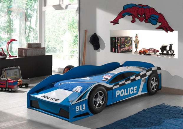 Vipack 140 x 70 cm Pat din lemn, pentru copii, Police Car Albastru, saltea inclusa, 140 x 70 cm