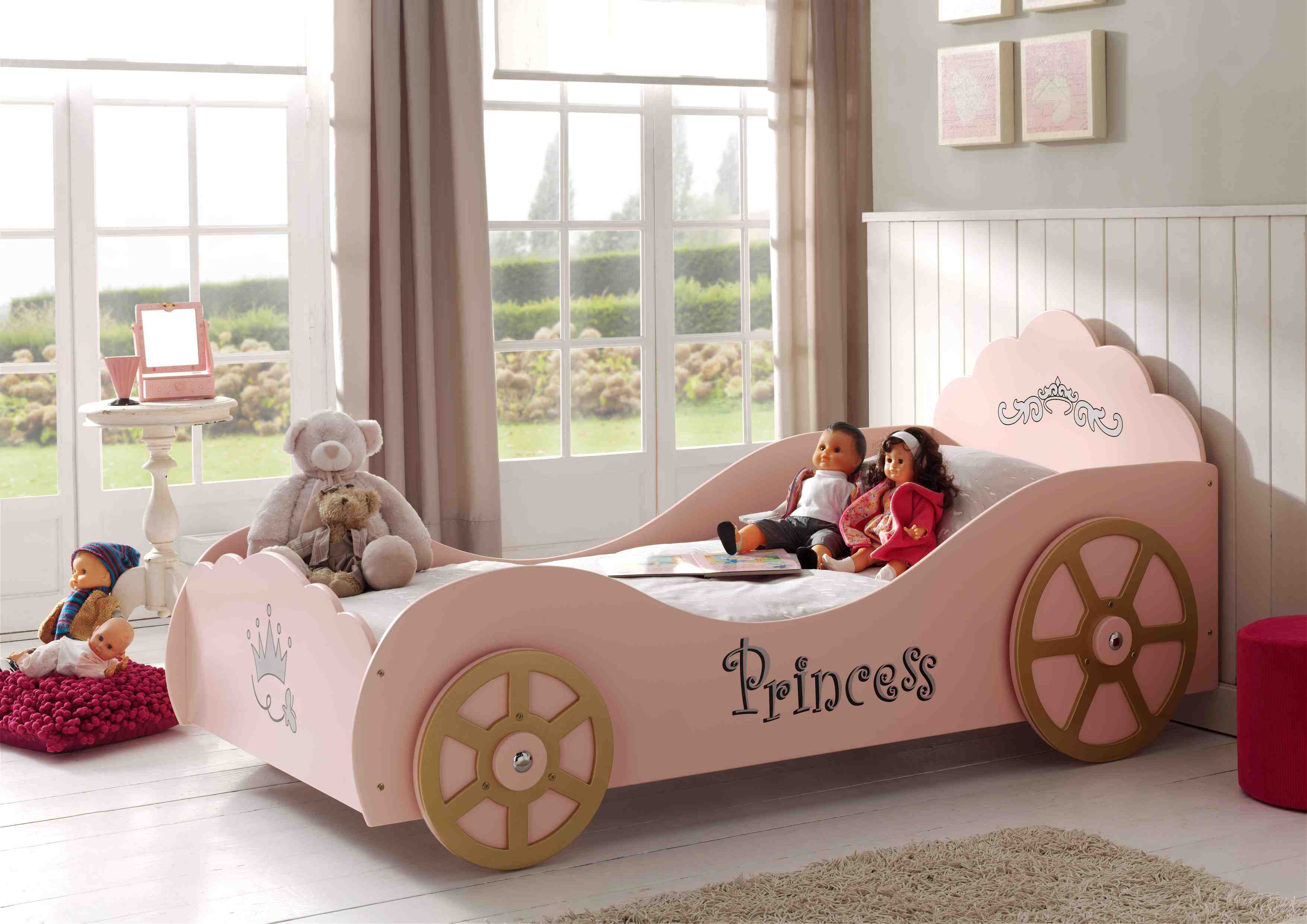 Pat din lemn, pentru copii, Princess Pinky Car Roz, saltea inclusa, 200 x 90 cm