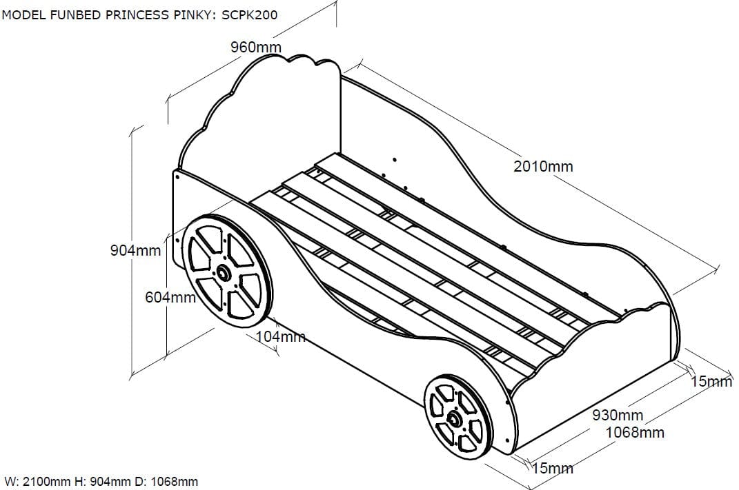 Pat din lemn, pentru copii, Princess Pinky Car Roz, saltea inclusa, 200 x 90 cm (1)