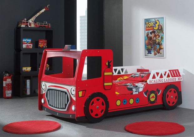 Pat din MDF, pentru copii, Fire Truck Rosu, saltea inclusa, 200 x 90 cm