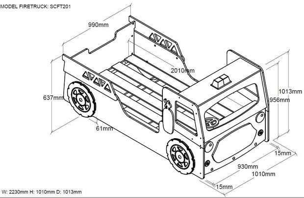 Pat din MDF, pentru copii, Fire Truck Rosu, saltea inclusa, 200 x 90 cm (1)