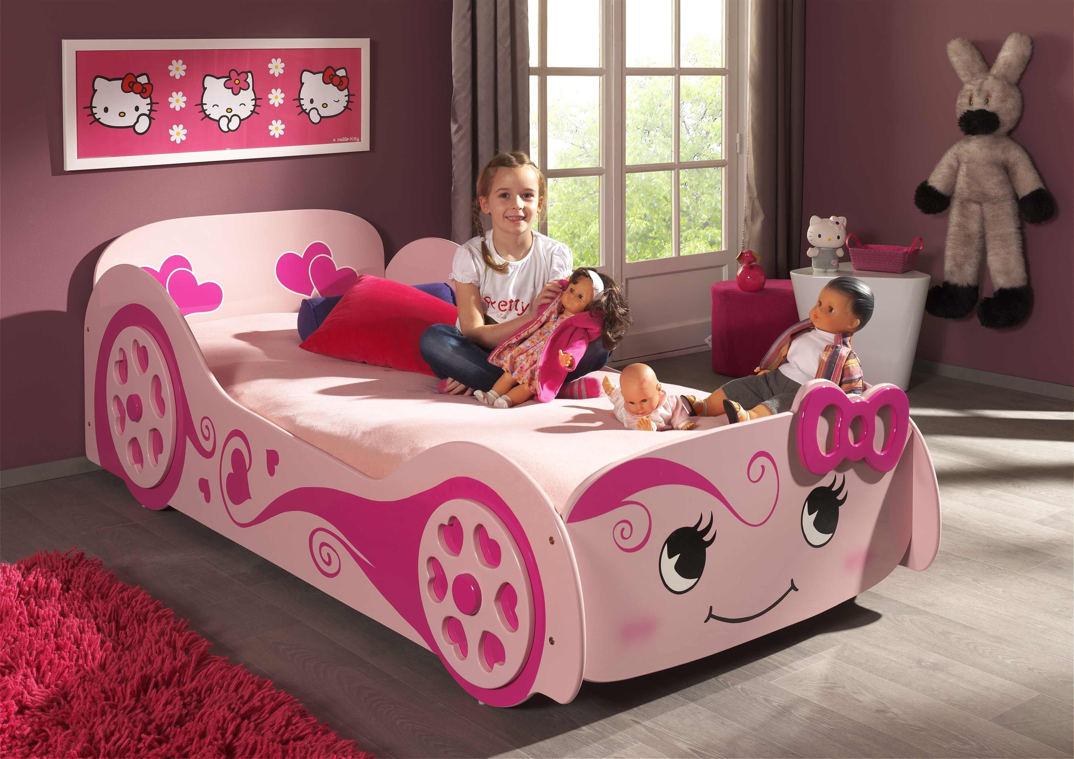 Pat din MDF, pentru copii, Love Car Roz, saltea inclusa, 200 x 90 cm