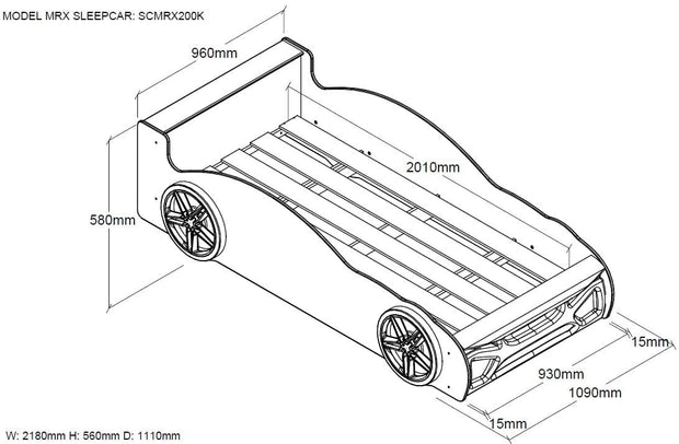 Pat din MDF, pentru copii, Mrx Car Negru, saltea inclusa, 200 x 90 cm (1)