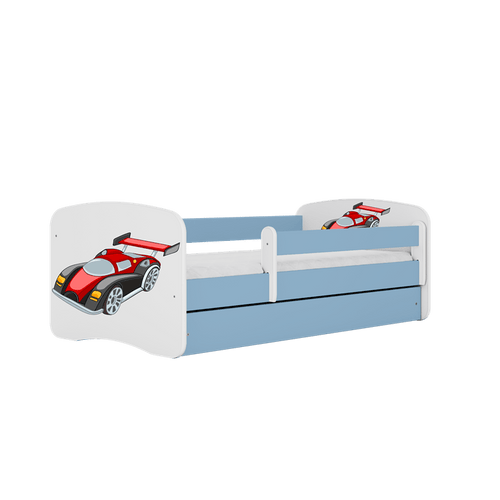 Kocot Kids 140 x 70 cm Pat din pal, cu 1 sertar, pentru copii, Racing Car III Albastru / Alb