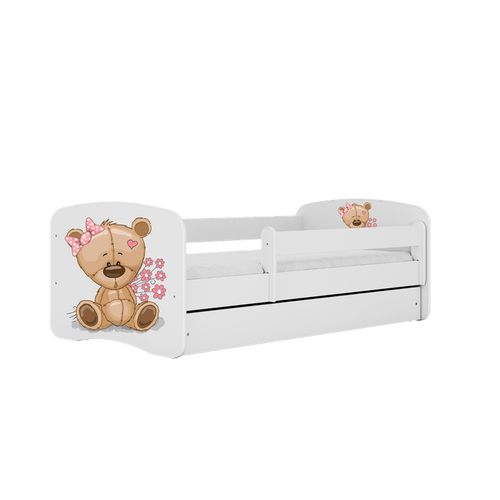 Kocot Kids 140 x 70 cm Pat din pal, cu 1 sertar, pentru copii, Teddybear Flowers III Alb