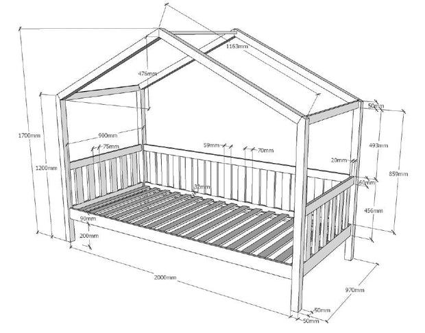 Pat divan din lemn de pin, tip casuta, pentru copii, Dallas Alb, saltea inclusa, 200 x 90 cm (1)