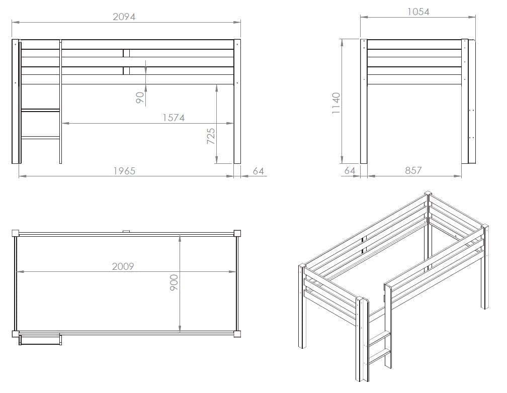 Pat etajat din lemn, cu spatiu de joaca pentru copii, Pino Birdy Pocket Alb, 200 x 90 cm (1)