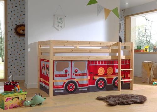 Pat etajat din lemn, cu spatiu de joaca pentru copii, Pino Fire Truck Natural, 200 x 90 cm