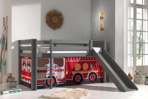 Pat etajat din lemn, cu tobogan pentru copii, Pino Fire Truck Gri, 200 x 90 cm