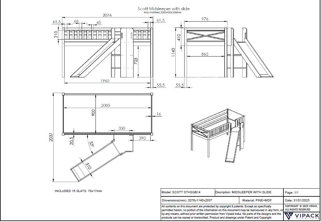 Pat etajat din lemn de pin, cu tobogan pentru copii, Scott Astro Pocket Alb, 200 x 90 cm (1)