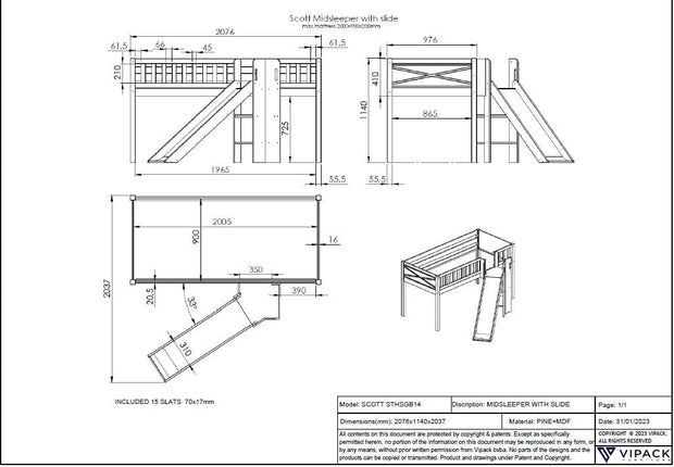 Pat etajat din lemn de pin, cu tobogan pentru copii, Scott Shuttle Alb, 200 x 90 cm (1)