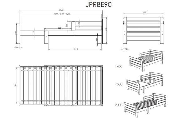 Pat extensibil din lemn, cu 1 sertar, pentru copii, Jumper Alb, saltea inclusa, 200 x 90 cm (1)