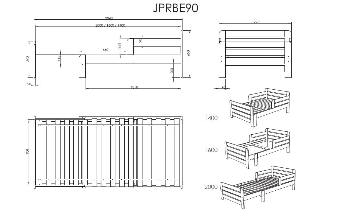 Pat extensibil din lemn, pentru copii, Jumper Alb, saltea inclusa, 200 x 90 cm (1)