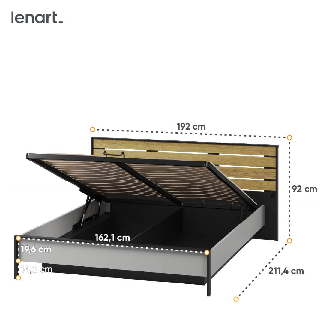 Pat rabatabil cu lada de depozitare, din pal si MDF, cu LED inclus, Gris GS-02 Gri / Negru / Stejar, 160 x 200 cm (3)