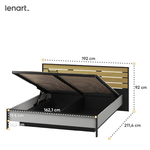 Lenart Pat rabatabil cu lada de depozitare, din pal si MDF, cu LED inclus, Gris GS-02 Gri / Negru / Stejar, 160 x 200 cm