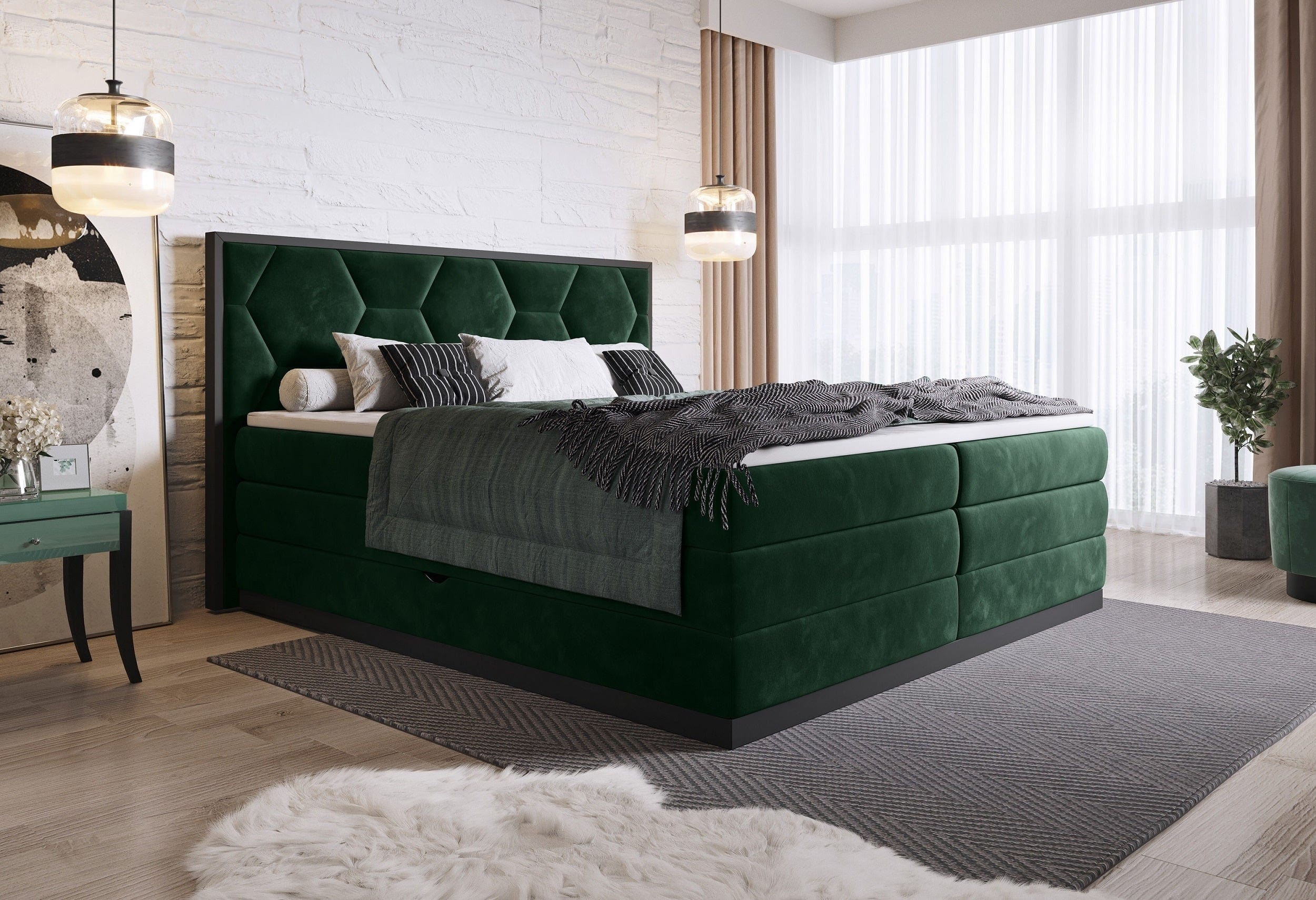 BFSummer Pat rabatabil cu lada de depozitare, tapitat cu stofa Gia Boxspring Verde inchis-200 x 160 cm