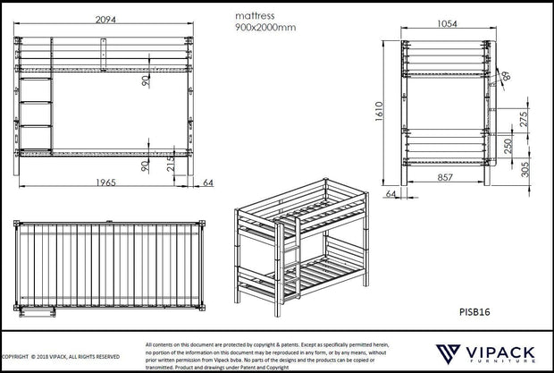 Pat supraetajat din lemn, cu 1 sertar, pentru copii, Pino 160 Gri, 200 x 90 cm (1)