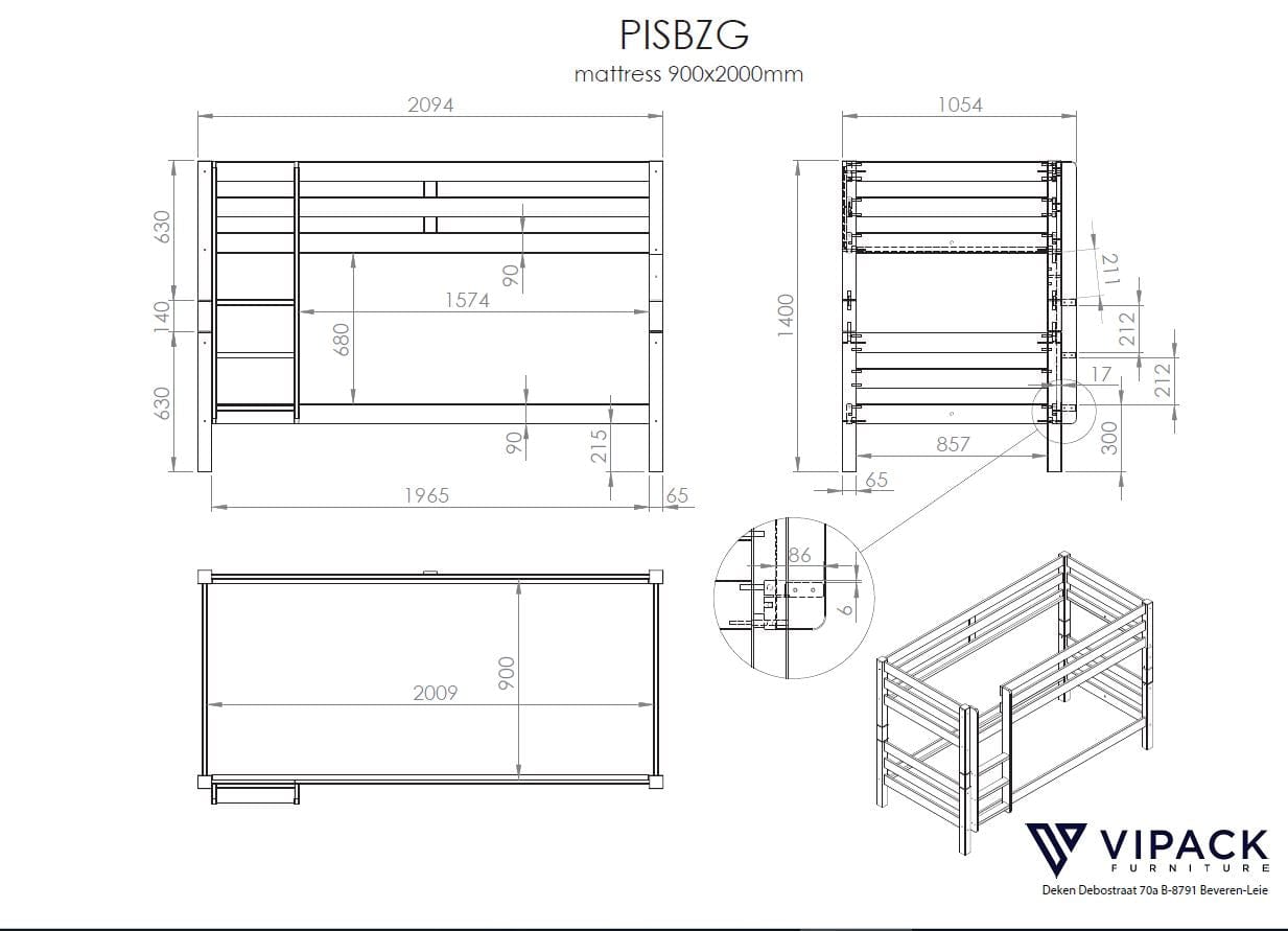 Pat supraetajat din lemn, cu 2 sertare, pentru copii, Pino 140 Gri, 200 x 90 cm (1)