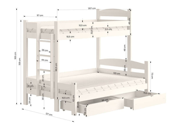 Bogart 200 x 90 cm Pat supraetajat din lemn de pin, cu 2 sertare, pentru copii, Lovic L Natural, 200 x 120 / 200 x 90 cm