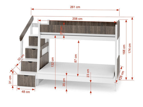 Meblobed Pat supraetajat din lemn de pin si pal, pentru copii Parys Roz / Alb, 200 x 120 / 200 x 90 cm