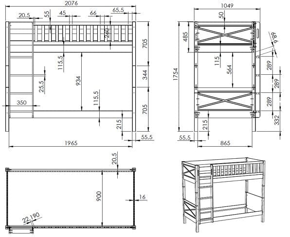 Pat supraetajat din lemn si MDF, pentru copii, Scott Bunk I Alb, 90 x 200 cm (2)