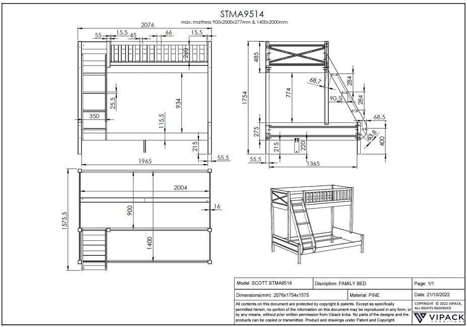 Pat supraetajat din lemn si MDF, pentru copii, Scott Bunk II Alb, 140 x 200 cm / 90 x 200 cm (2)