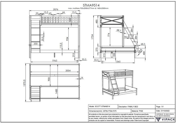 Pat supraetajat din lemn si MDF, pentru copii, Scott Bunk II Alb, 140 x 200 cm / 90 x 200 cm (2)