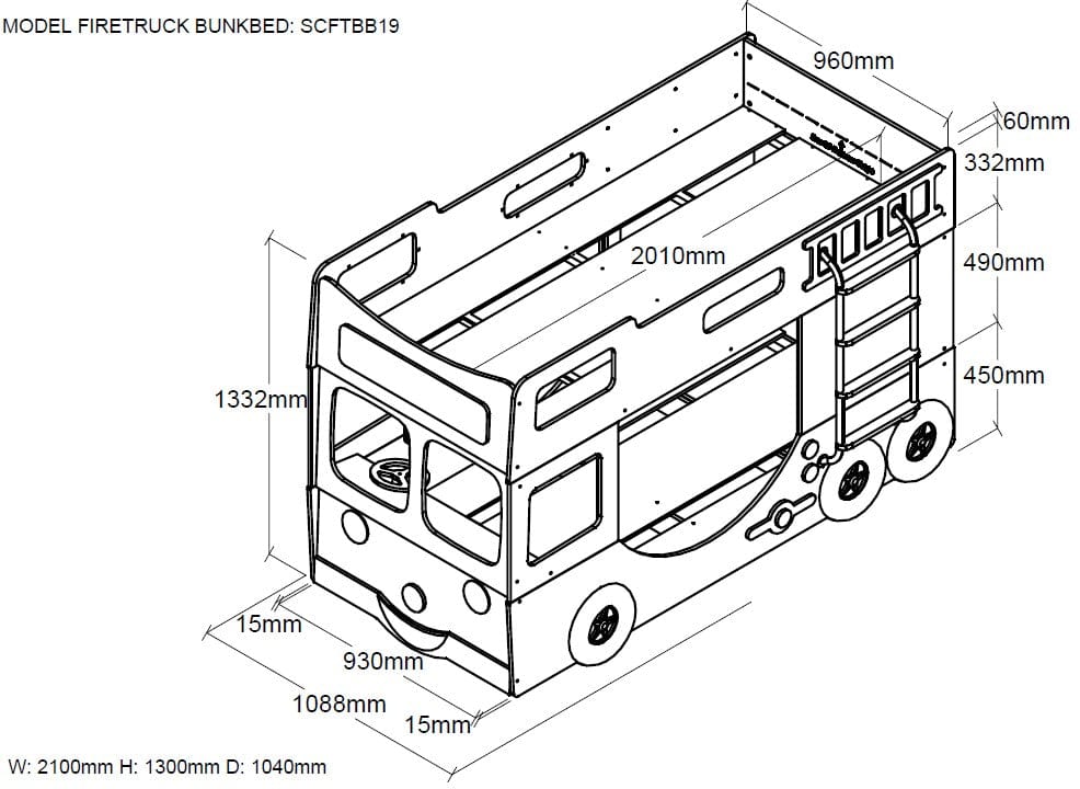 Pat supraetajat din MDF, pentru copii, Fire Truck Rosu, saltea inclusa, 200 x 90 cm (1)