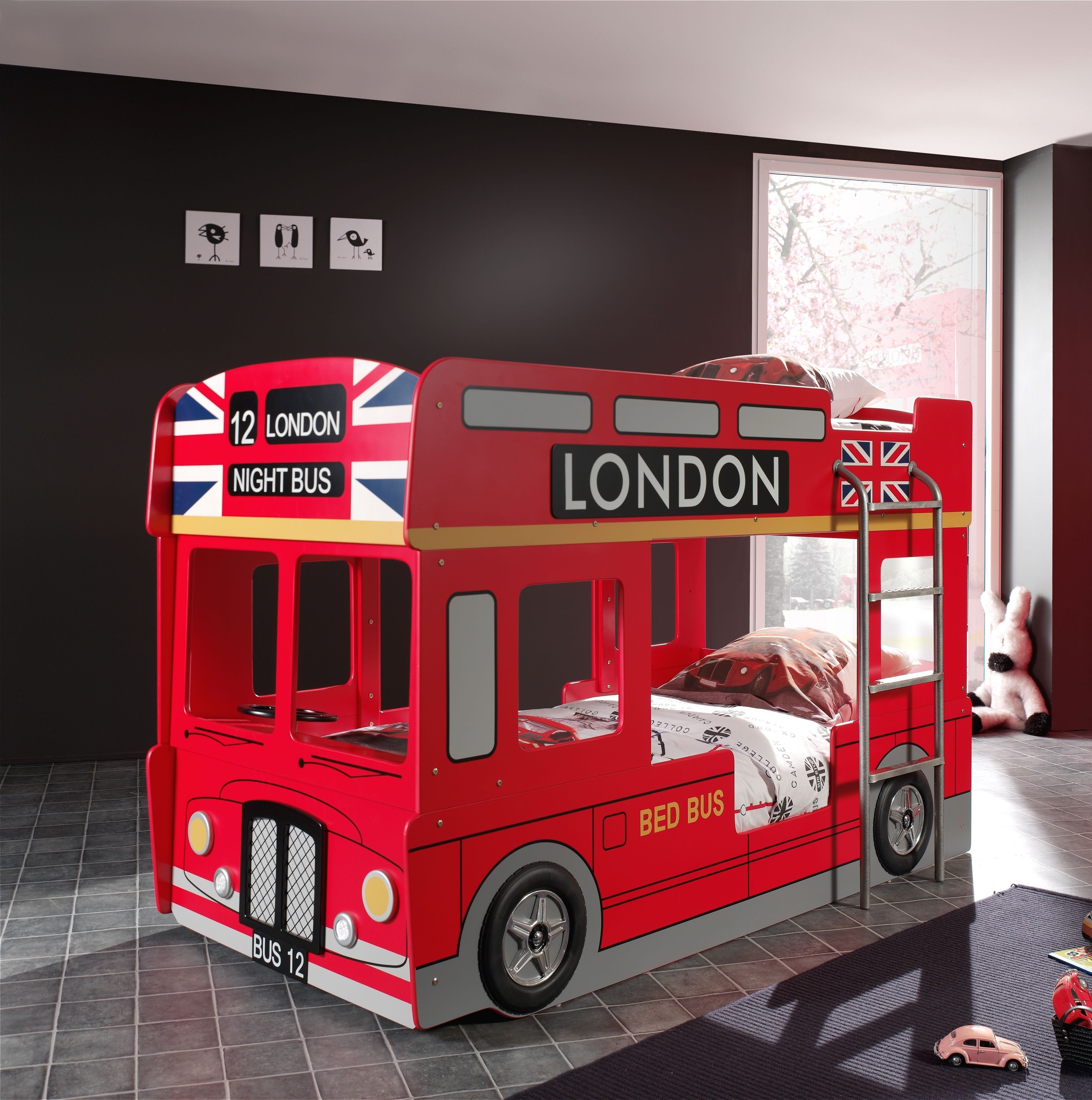 Pat supraetajat din MDF, pentru copii, London Bus Rosu, 200 x 90 cm