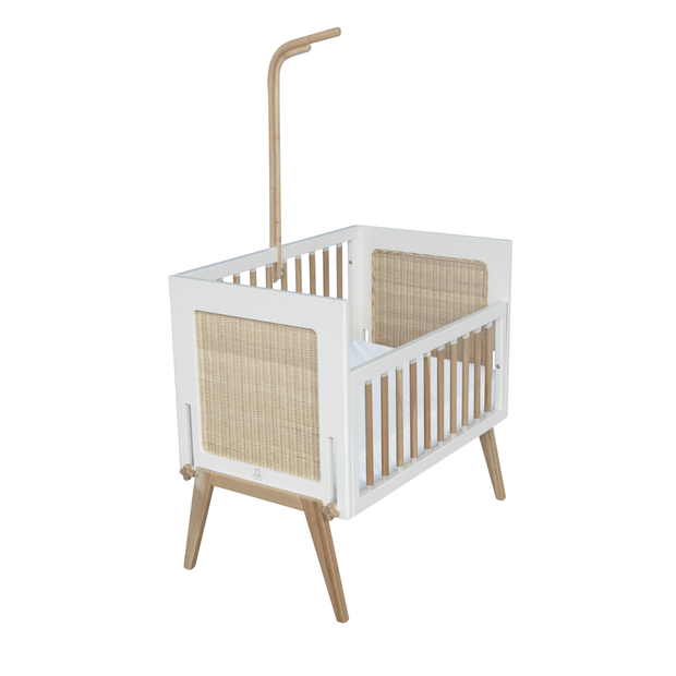 Theo Bebe 50 x 80 cm Patut co-sleeping din lemn, ratan si MDF, pentru bebe, Marelia Alb / Natural, 50 x 80 cm