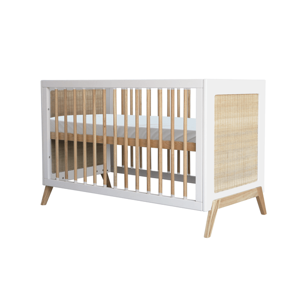 Theo Bebe 50 x 80 cm Patut co-sleeping din lemn, ratan si MDF, pentru bebe, Marelia Alb / Natural, 50 x 80 cm