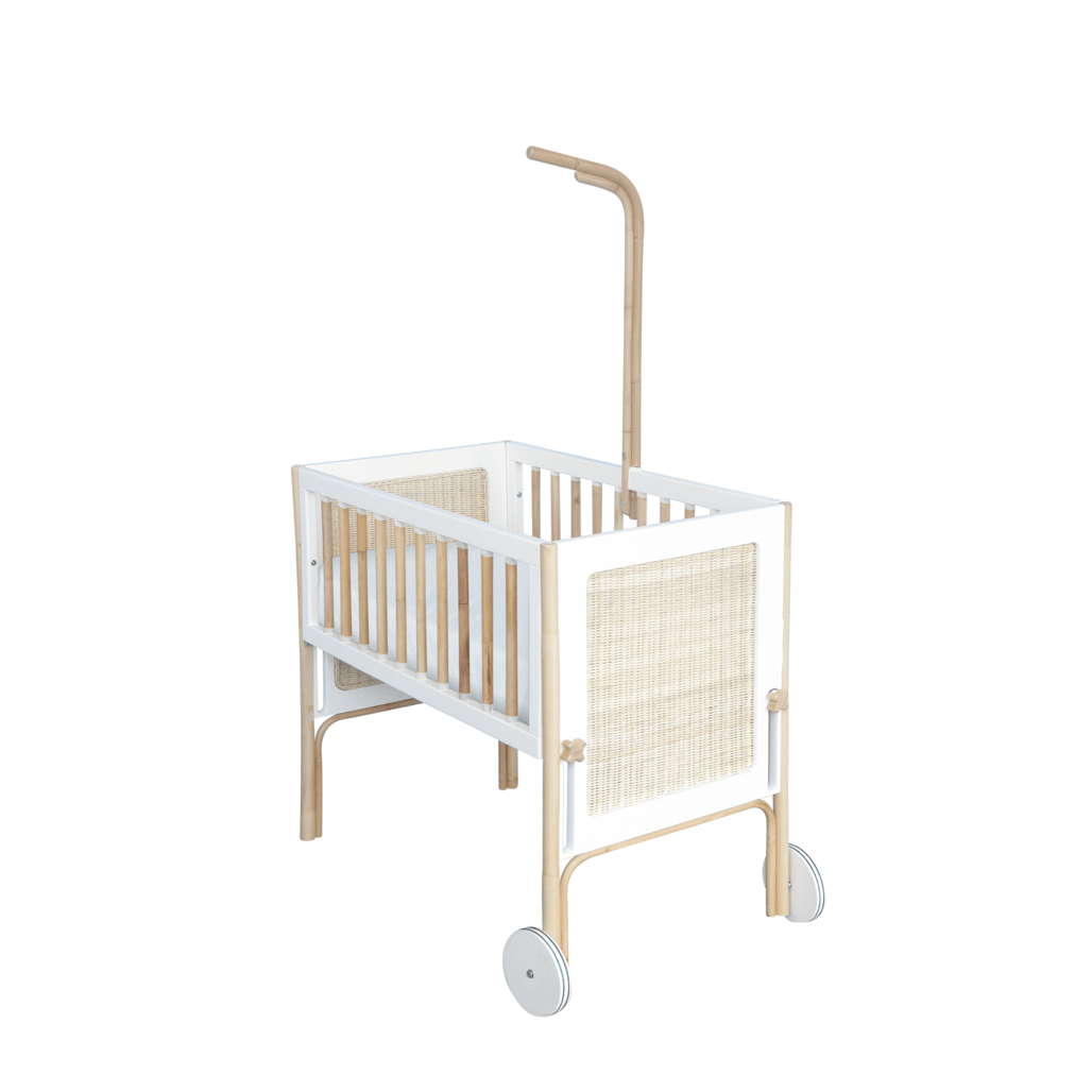 Theo Bebe 50 x 80 cm Patut co-sleeping din lemn, ratan si MDF, pentru bebe, Oceania Alb / Natural, 50 x 80 cm