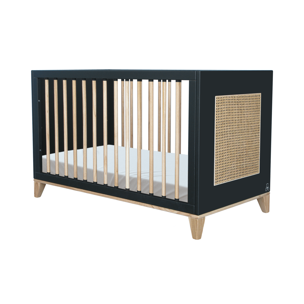 Theo Bebe 50 x 80 cm Patut co-sleeping din lemn, ratan si MDF, pentru bebe, Oceania Gri / Natural, 50 x 80 cm