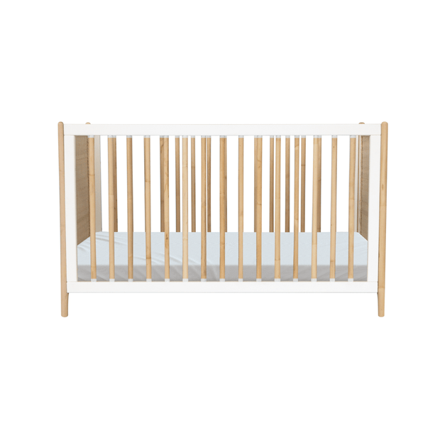 Theo Bebe 60 x 120 cm Patut din lemn, ratan si MDF, pentru bebe, Marelia Gri / Natural